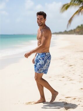 Men's Blue Mosaic Print Swim Trunks
